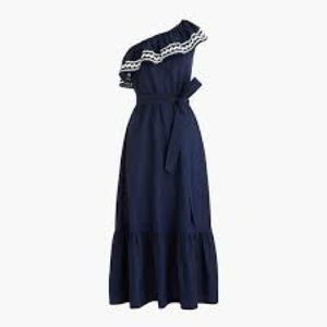 J.Crew one shoulder ruffle ric rac dress size small s navy blue white flounce